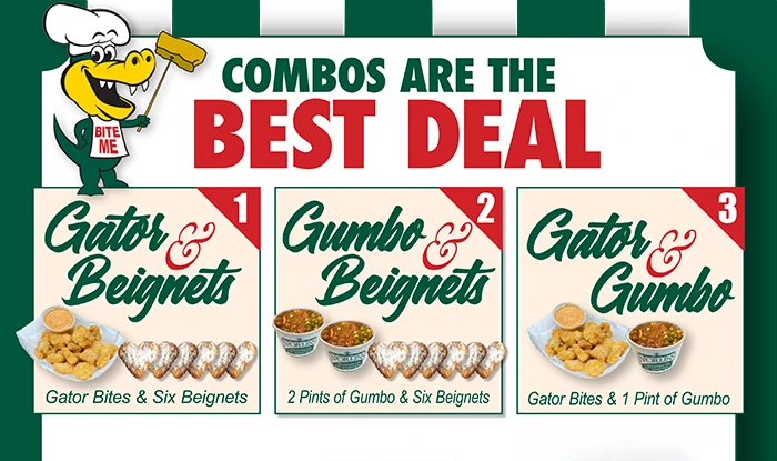 best-deal-combo-web-ready1 Best Combo Deal at N'Orlins Cafe with Beignets, Gator and Gumbo.