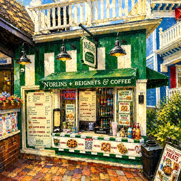 An oil painting of N'Orlins Beignets and Coffee in Frankenmuth, Michigan.